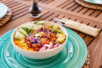 High angle view of food in plate on table