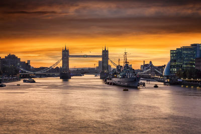 View of suspension bridge at sunset