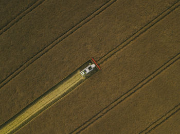 Aerial view of machinery working in agricultural field