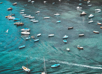 High angle view of sailboats moored in sea