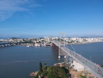 High angle view of city by sea against sky