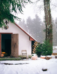 House on snow covered field