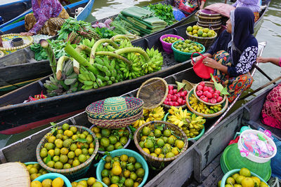 High angle view of fruits for sale at market stall