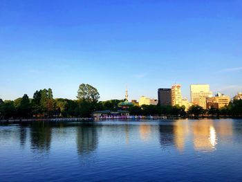 Scenic view of lake by buildings against clear blue sky