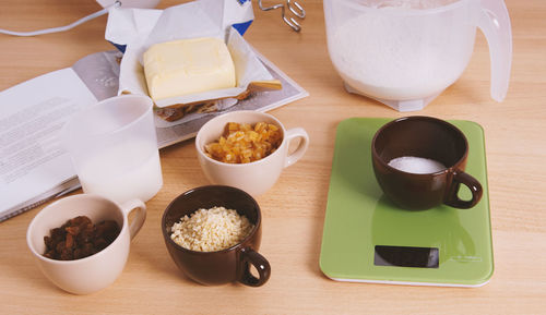 High angle view of breakfast on table