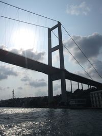 Low angle view of suspension bridge against sky