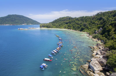 High angle view of boats sailing in sea