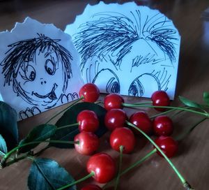 High angle view of cherries on table