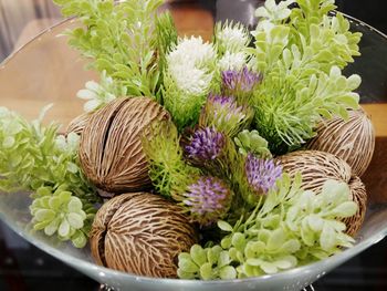 High angle view of vegetables in bowl on table