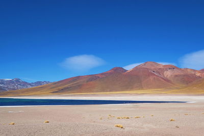 Scenic view of mountain against blue sky