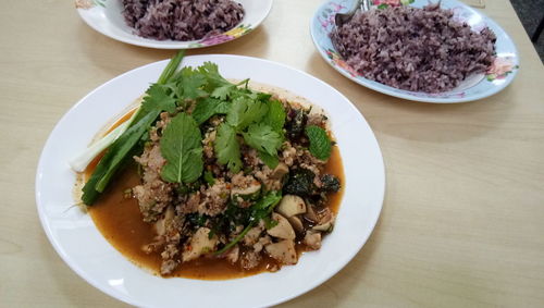 High angle view of meal served on table