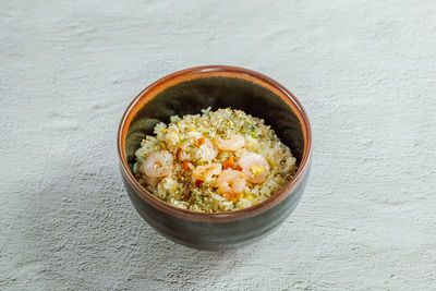 High angle view of food in bowl on table