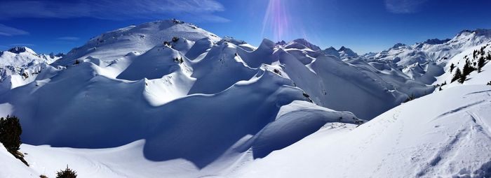 Panoramic view of snowcapped mountains against sky