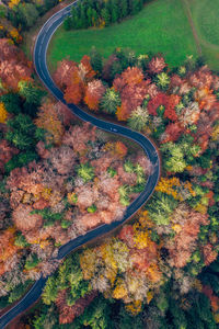 High angle view of road amidst trees during autumn