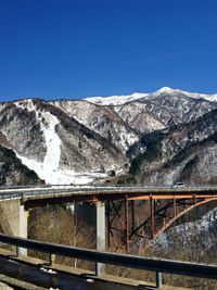 Scenic view of snowcapped mountains against clear blue sky