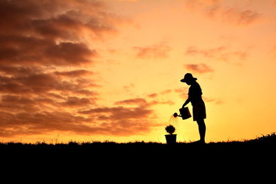 Silhouette of woman watering plant at sunset