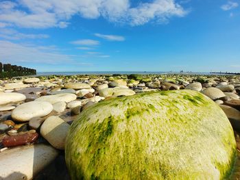 Rocks on shore against blue sky