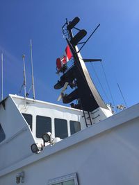Low angle view of flag on snow against clear sky