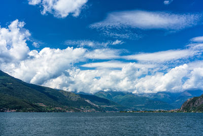 Scenic view of sea and mountains against sky