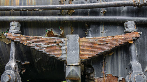 Close-up of old rusty metal bridge