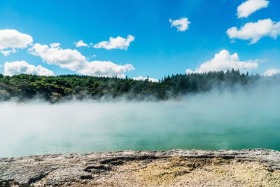 Scenic view of waterfall against cloudy sky