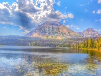 Scenic view of lake by mountains against sky