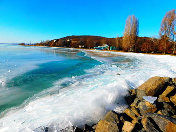 Scenic view of landscape against clear blue sky