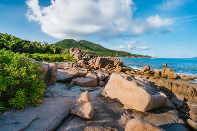 Rock formations by sea against sky