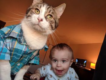 Portrait of cute boy with cat at home