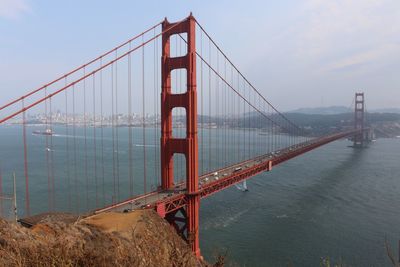 View of suspension bridge in city
