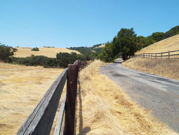 Road amidst field against clear sky