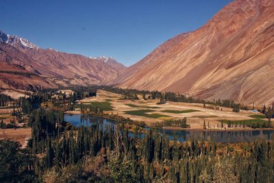 Scenic view of lake and mountains against clear sky