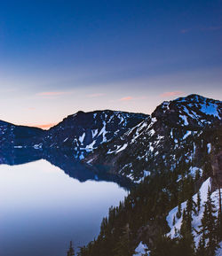 Scenic view of snowcapped mountain against sky during sunset
