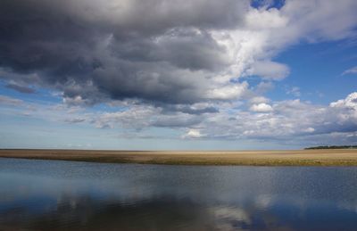 Scenic view of lake against cloudy sky