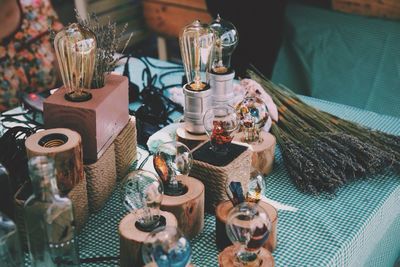 High angle view of light bulbs on table