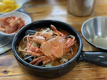 High angle view of ice ramen in bowl on table