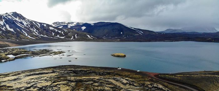 Scenic view of lake by snowcapped mountains against sky