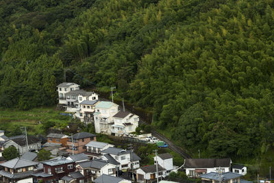 High angle view of townscape and trees in town