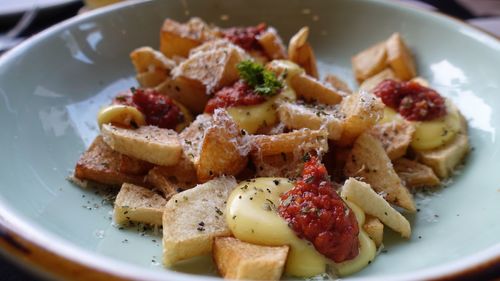 Close-up of dessert served on table