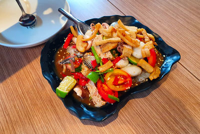 High angle view of dessert in plate on table