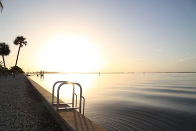 Scenic view of lake against clear sky during sunset