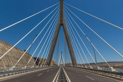 Low angle view of suspension bridge against sky