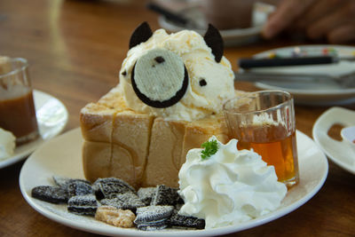 Close-up of ice cream in plate on table