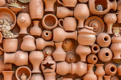 Full frame shot of various earthenware for sale at market