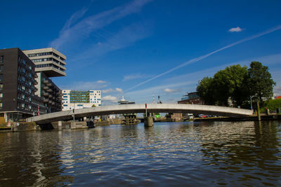 Bridge over river in city against blue sky