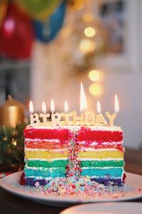 Close-up of cake with illuminated candles