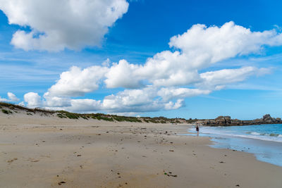 Empty blue sea and white sand beach background with copy space. brittany