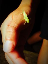 Close-up of hand over black background