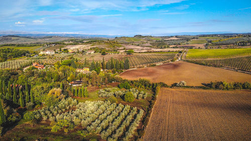 High angle view of agricultural field against sky