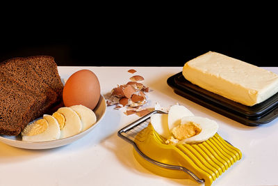 High angle view of cake in plate on table